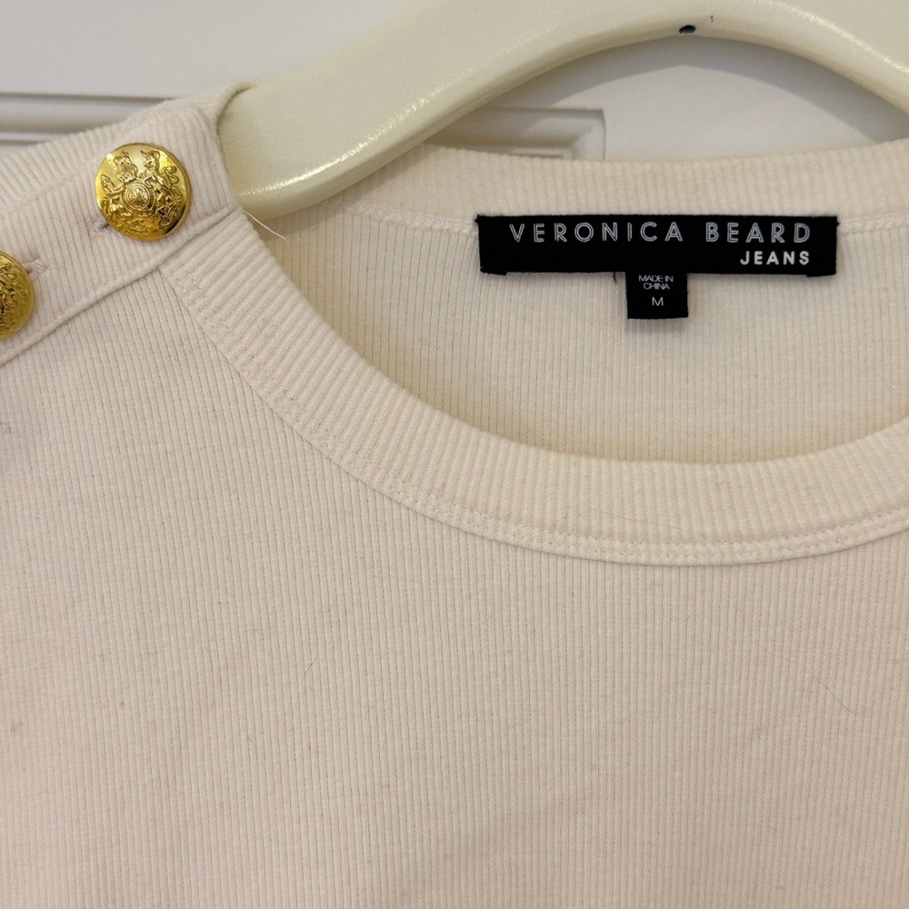 Veronica Beard Cream Ribbed Top with Gold Buttons